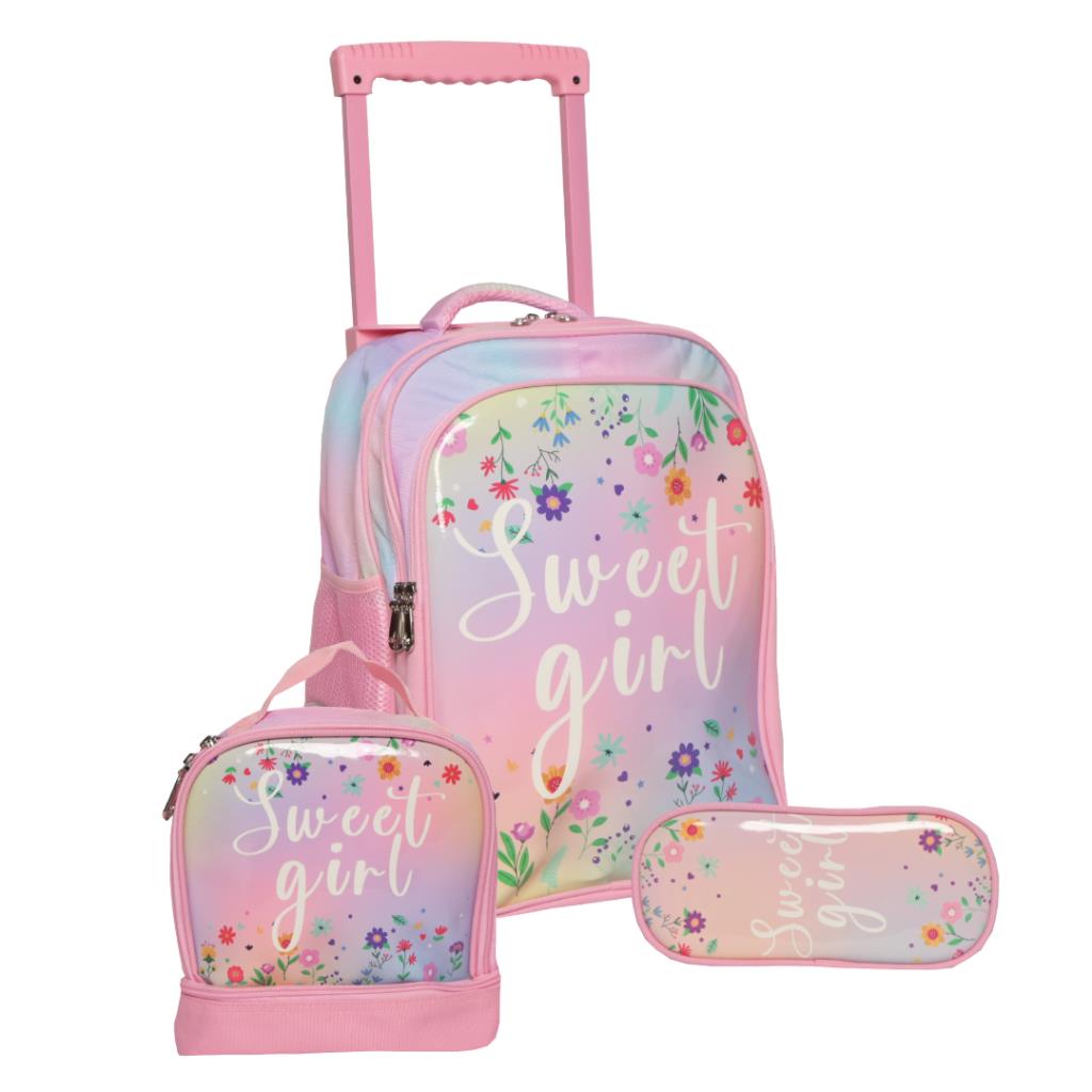 Sweet Girl Design School Trolley with Pencil Case and Lunch Bag - 18 Inch