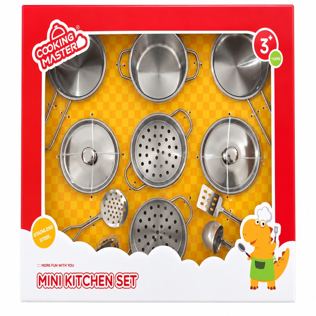  Cooking Master Mini Kitchen Set – Stainless Steel Pretend Play Cooking Pots, Pans & Utensils for Kids