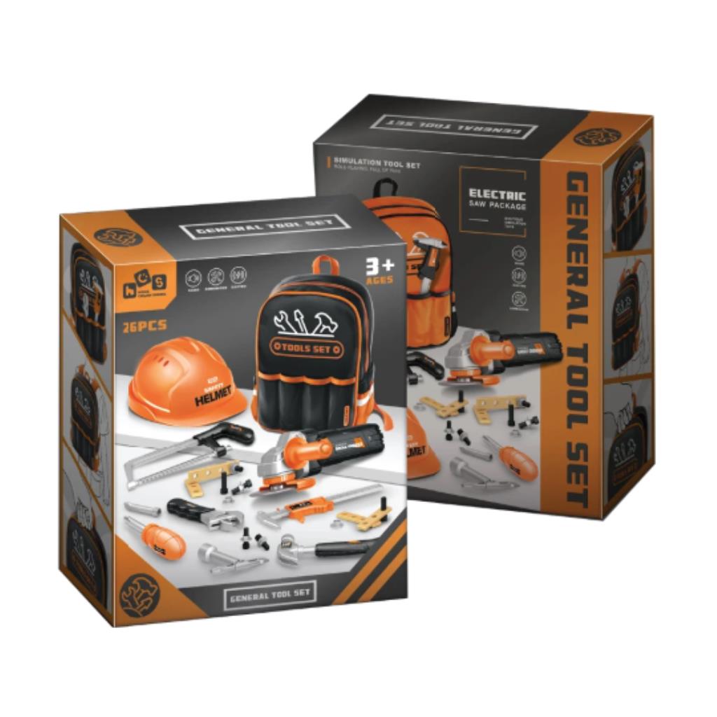 طقم أدوات للأطفال 26 قطعة مع خوذة أمان وحقيبة ظهر