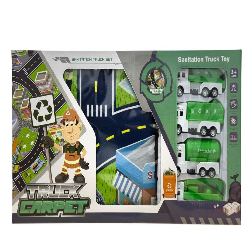 Sanitation Truck City Road Carpet Playset with 4 Utility Vehicles