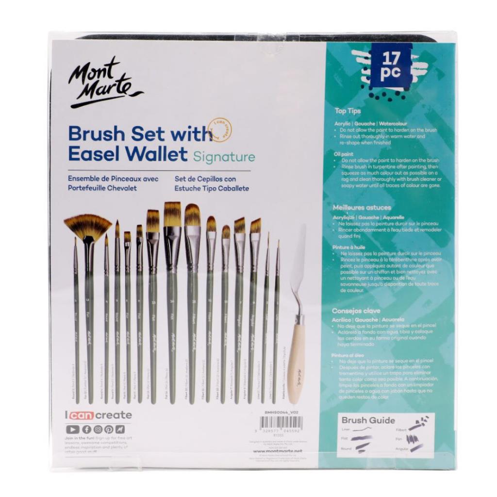Mont Marte Signature Paint Brush Set - Artist Brushes In Easel Wallet 17pc