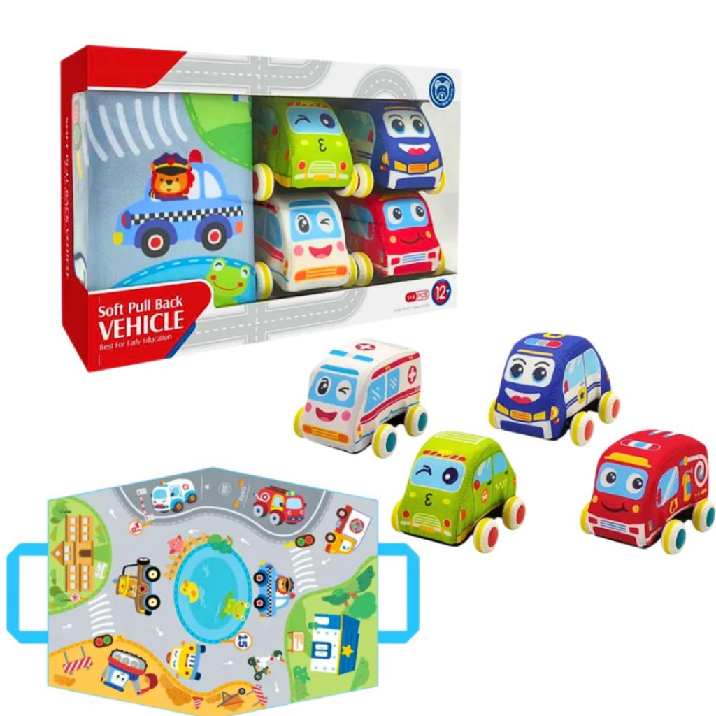 Soft Pull Back Cartoon Vehicle Play Set with Road Mat