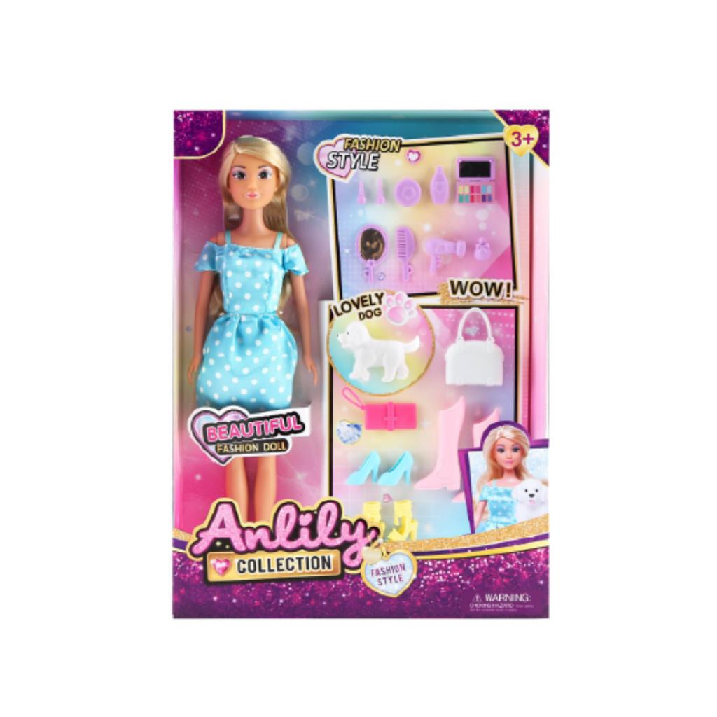 Anlily Doll with Complete Fashion Accessories – Blue Polka Dot Dress & Pet Dog