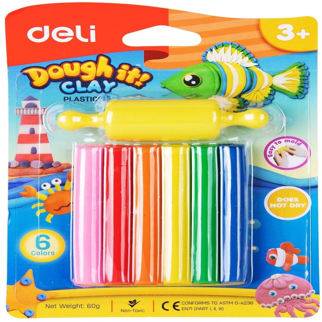Deli Dough It! Modeling Clay Set with Rolling Pin – 6 Colors (60g)