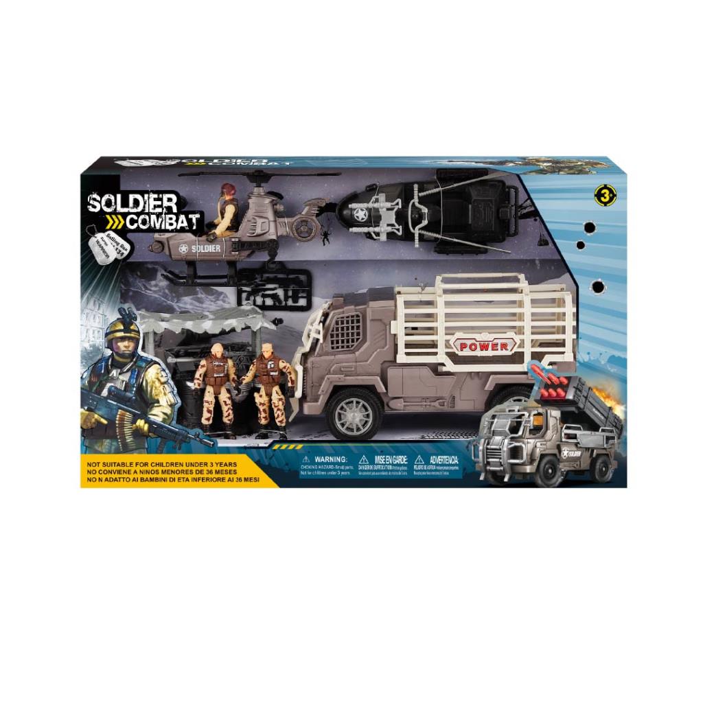 طقم شاحنة نقل عسكرية مع مروحية