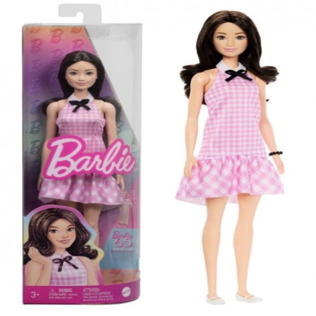 دمية باربي فاشن بفستان وردي مربعات أنيق