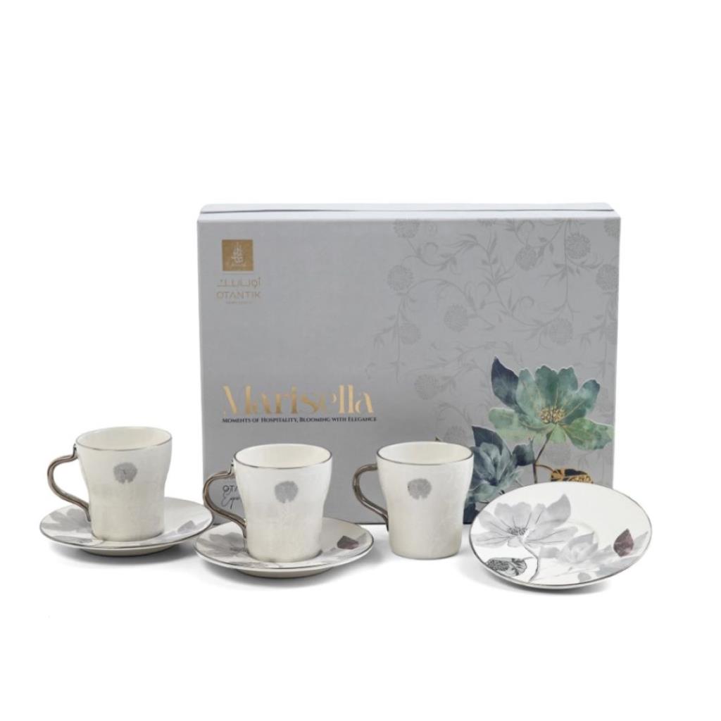 Porcelain Turkish Coffee Set 12 Pcs From Marisella- Grey + Silver