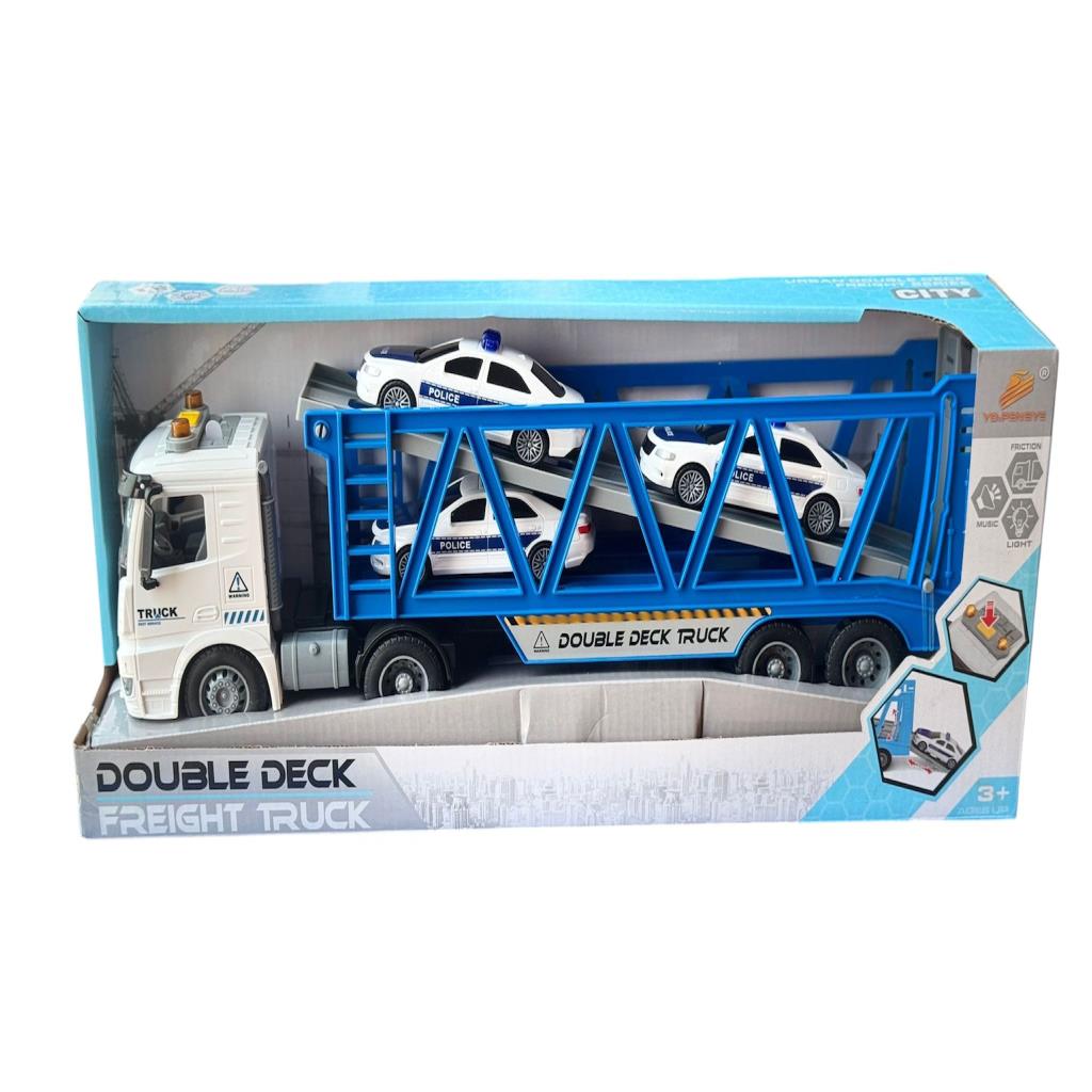 Double Deck Police Car Carrier Truck with 3 Police Cars – Friction, Light & Music