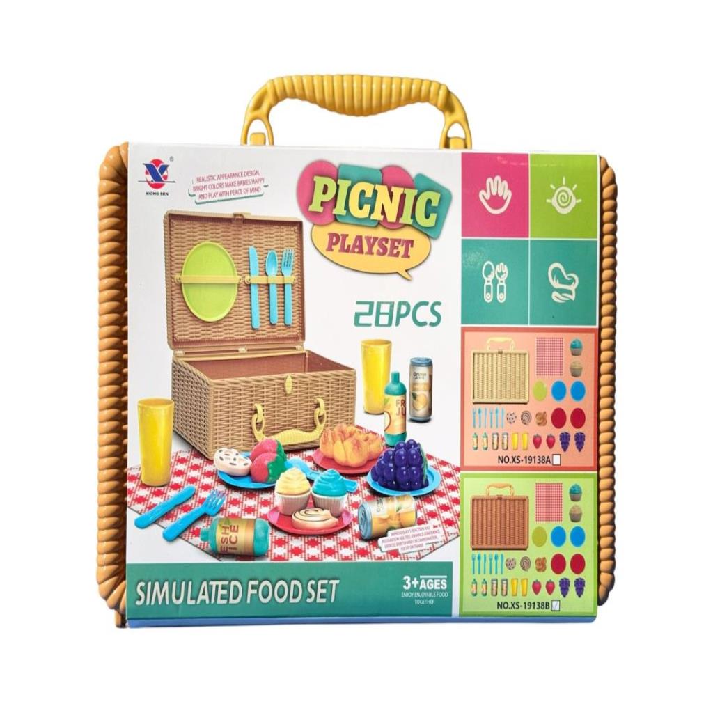 28-Piece Picnic Playset – Pretend Food Basket Set