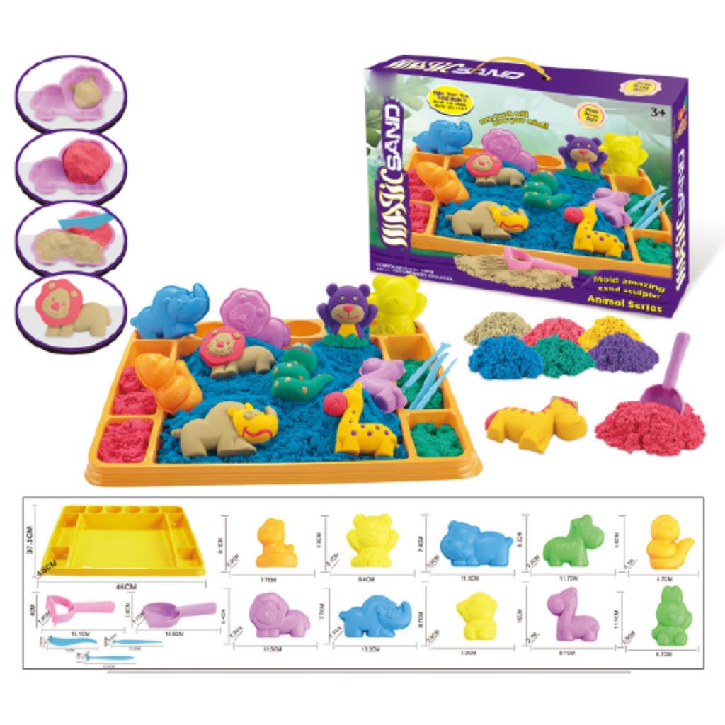 طقم الرمل السحري بأشكال الحيوانات – رمل تفاعلي متعدد الألوان