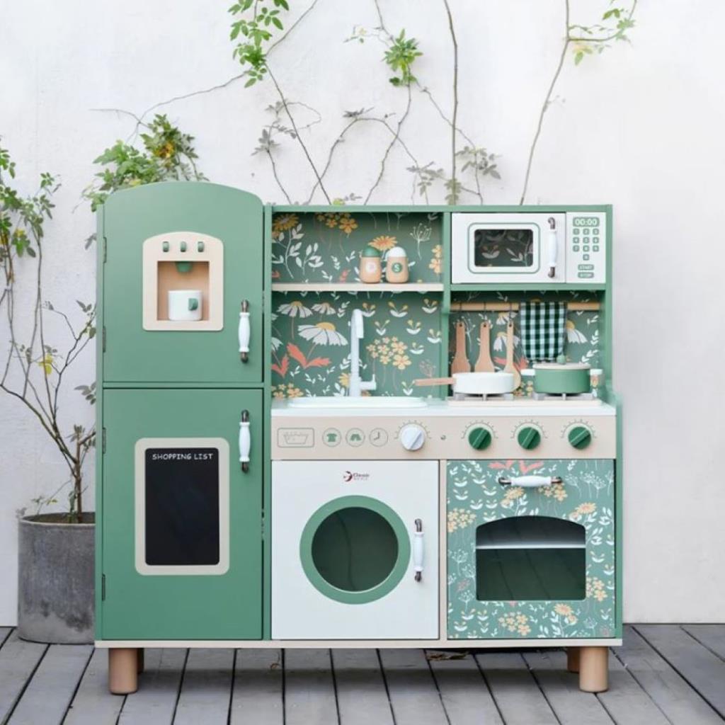 Deluxe Wooden Kitchen Playset – Floral Green Edition