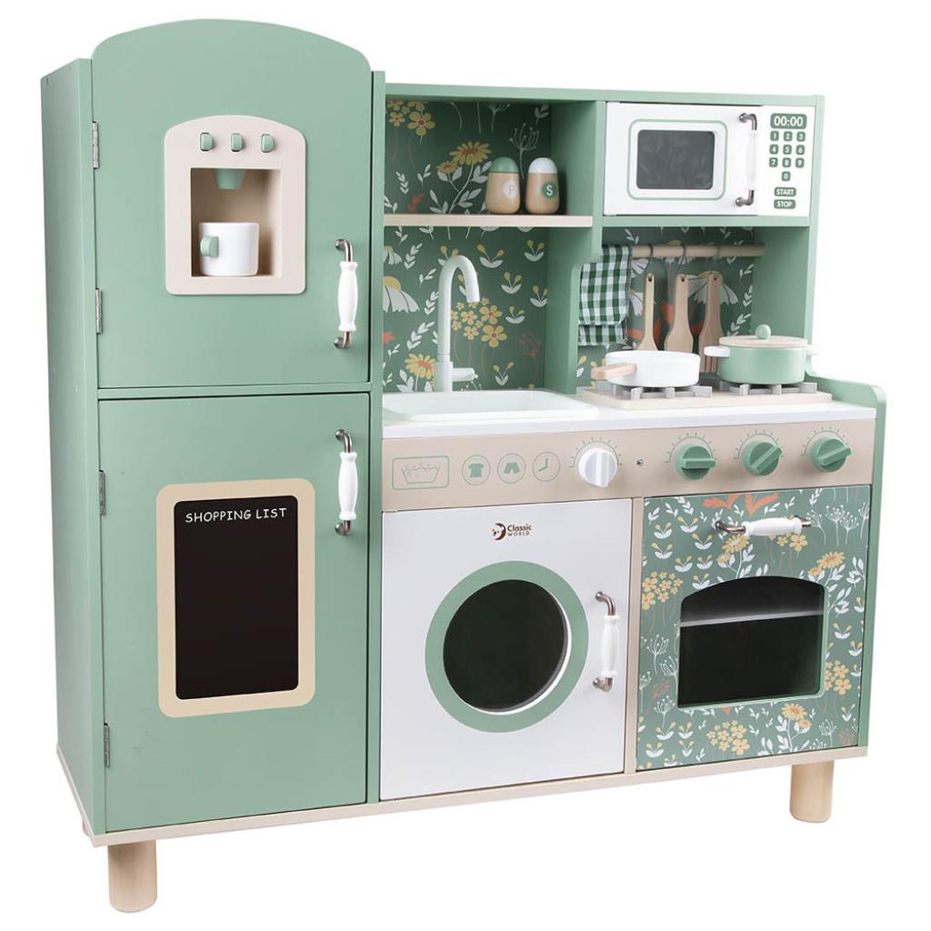 Deluxe Wooden Kitchen Playset – Floral Green Edition