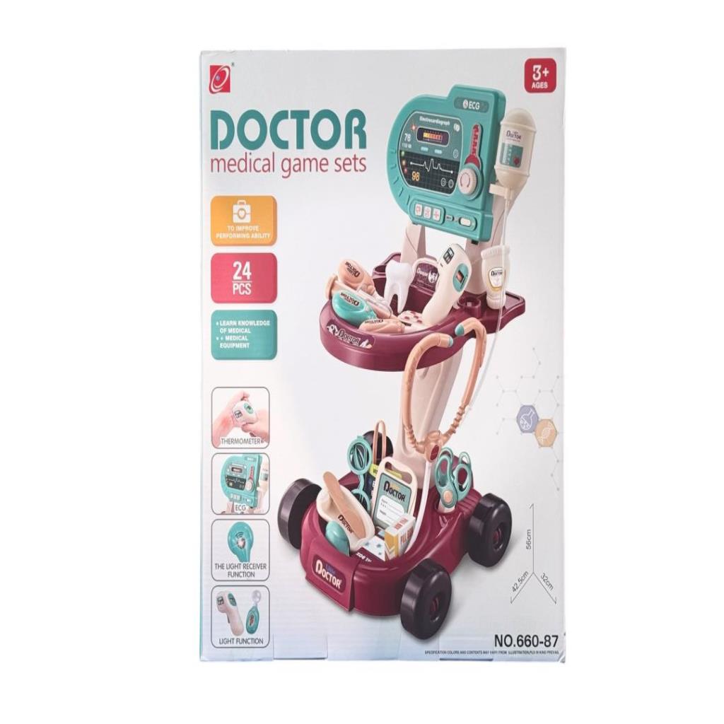 24-Piece Kids Doctor Medical Trolley Play Set with Lights & ECG Monitor