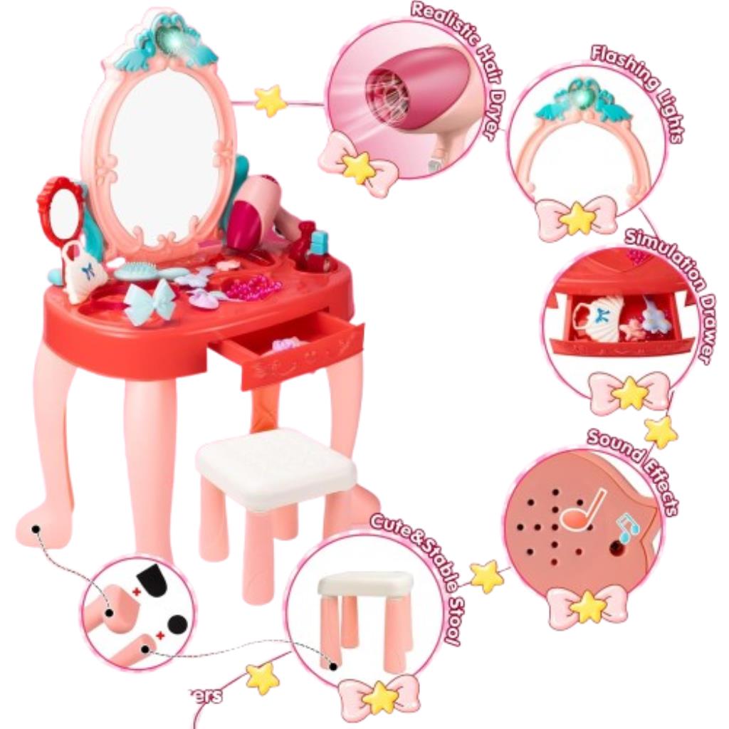 Kids Vanity Table with Stool – Pretend Makeup Play Set
