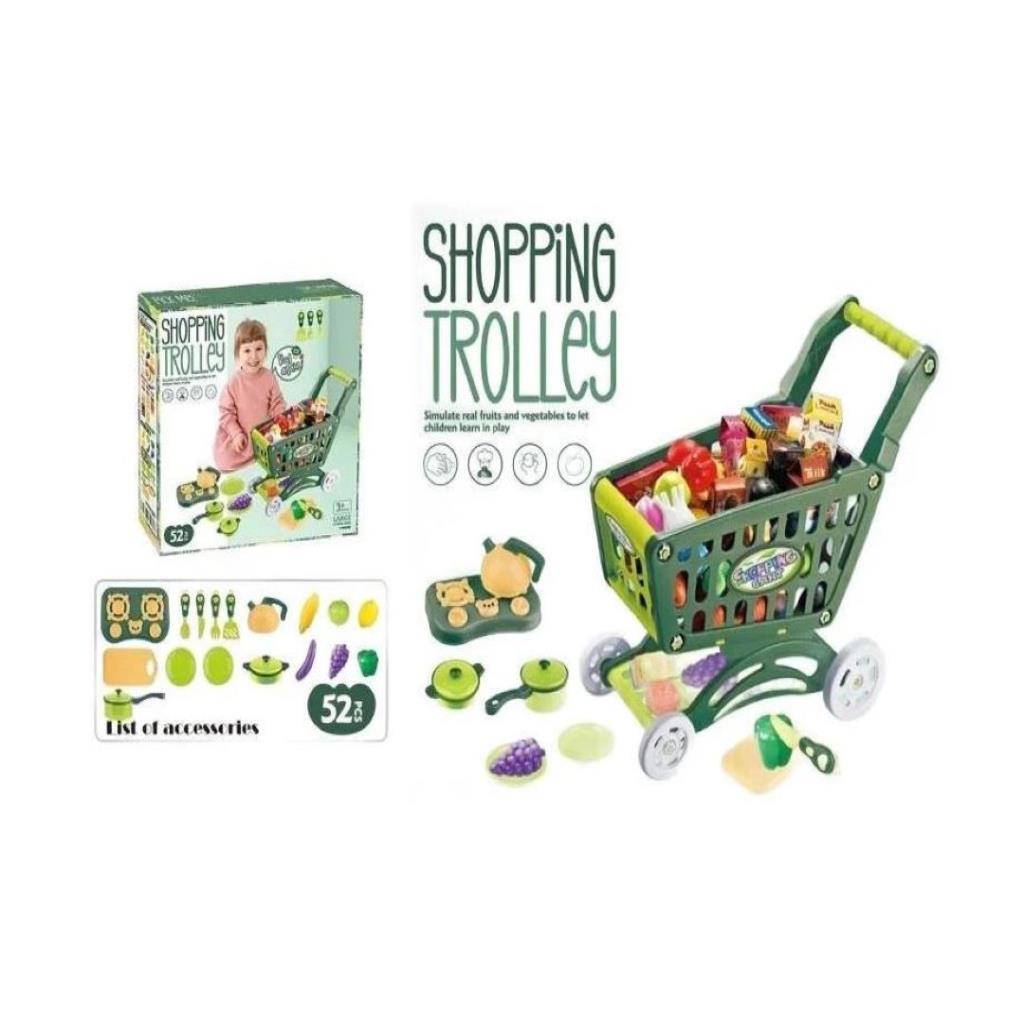 Kids Shopping Trolley Pretend Play Set – 52 Pieces Green Edition