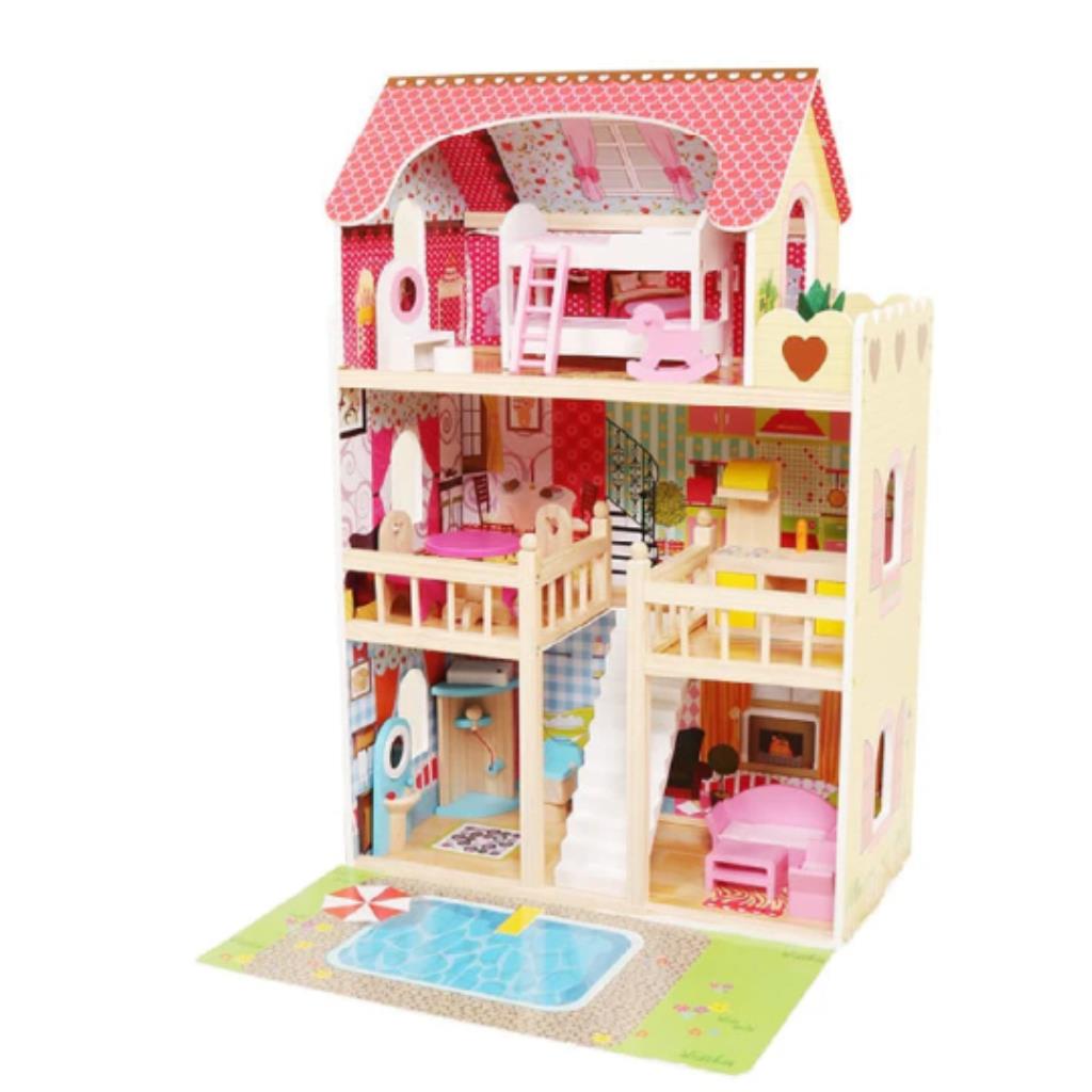 Wooden Dollhouse with Furniture & Family Dolls Set