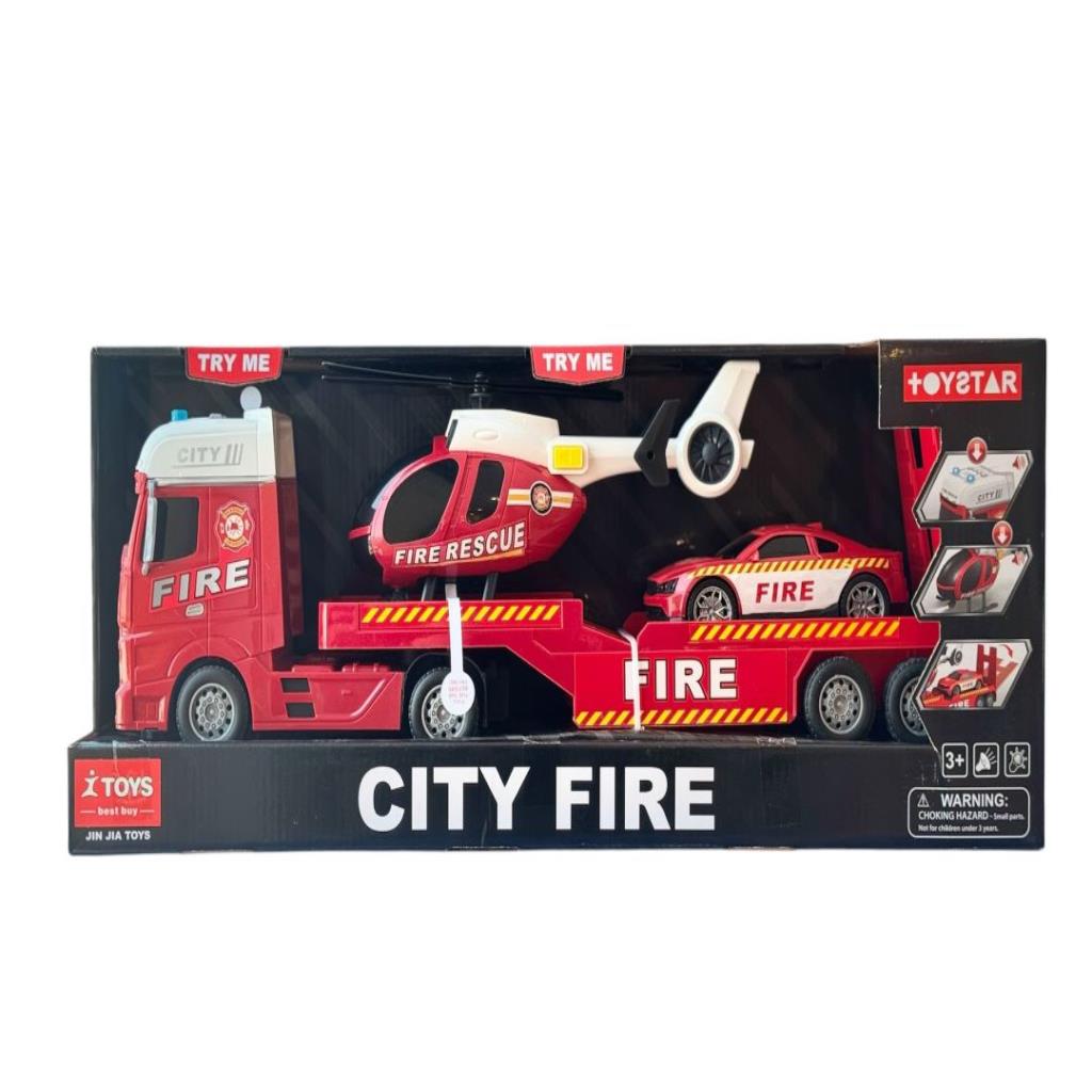 Fire Rescue Transport Truck Set with Helicopter & Car