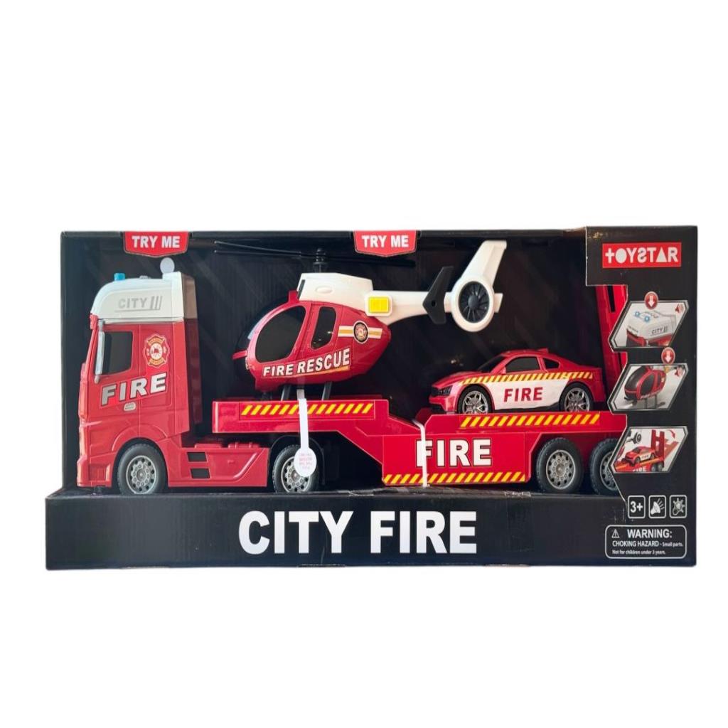 Fire Rescue Transport Truck Set with Helicopter & Car