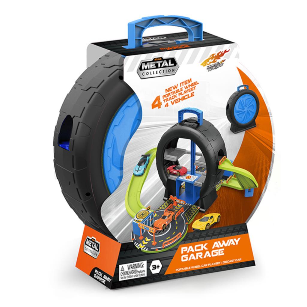 Pack Away Garage Portable Wheel Car Playset with 4 Metal Cars