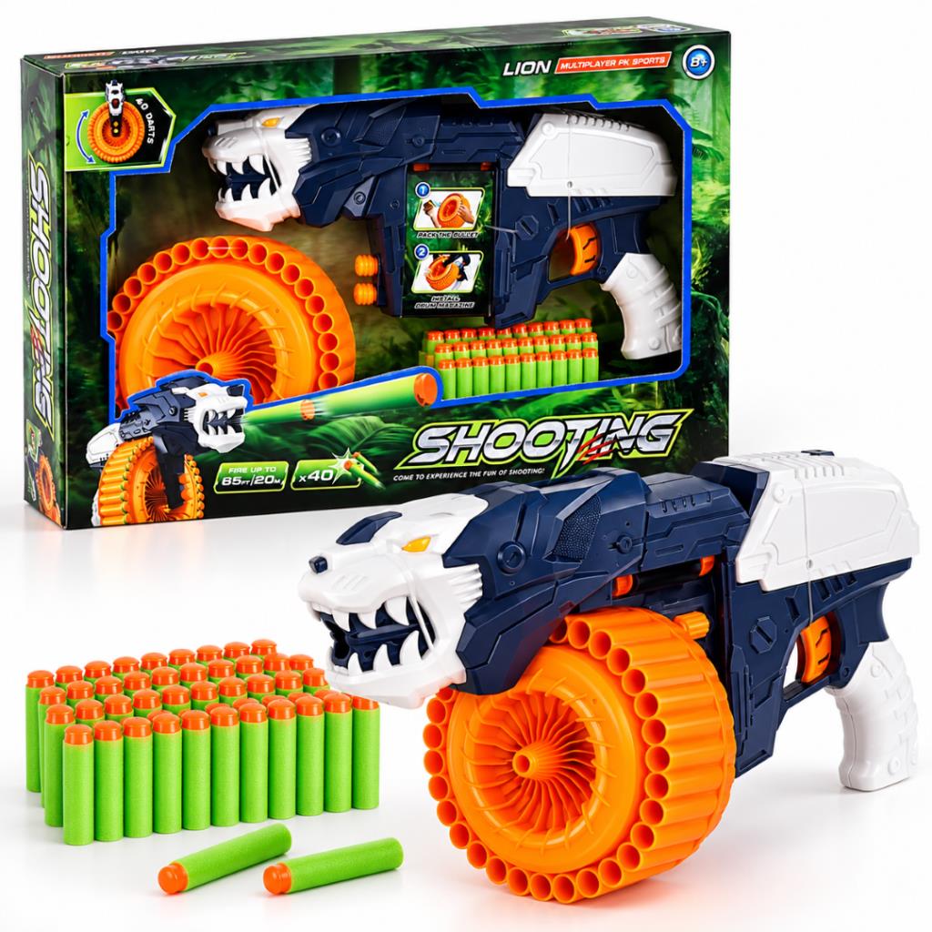 Lion Shooting Blaster Toy Gun with 40 Soft Foam Darts & Rotating Drum Magazine
