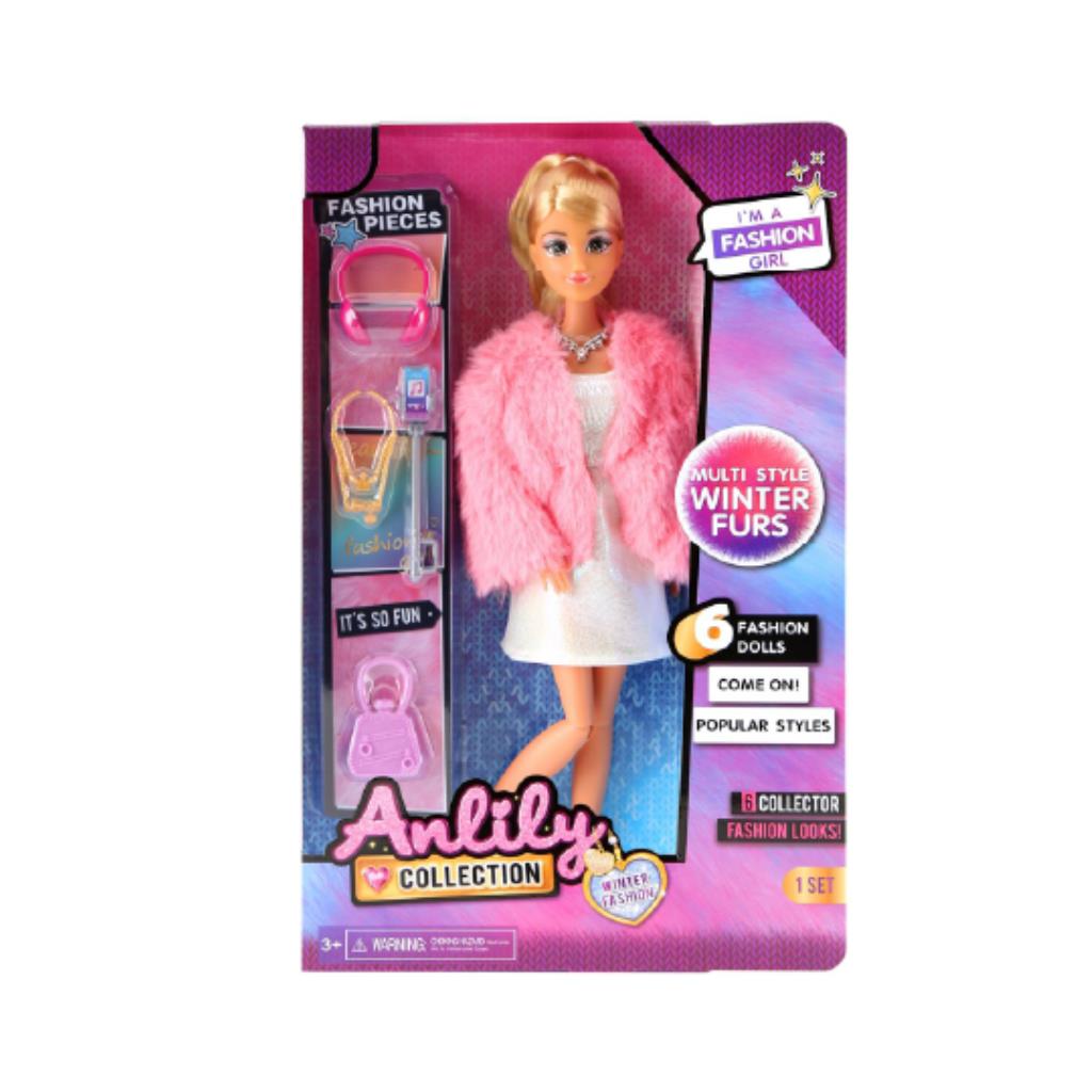 دمية أنليلي موضة الشتاء – إصدار الجاكيت الفرو الوردي مع الإكسسوارات