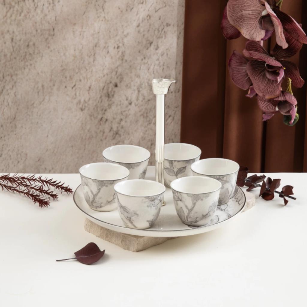 Elegant Coffee Cup Set with Serving Tray & Stand