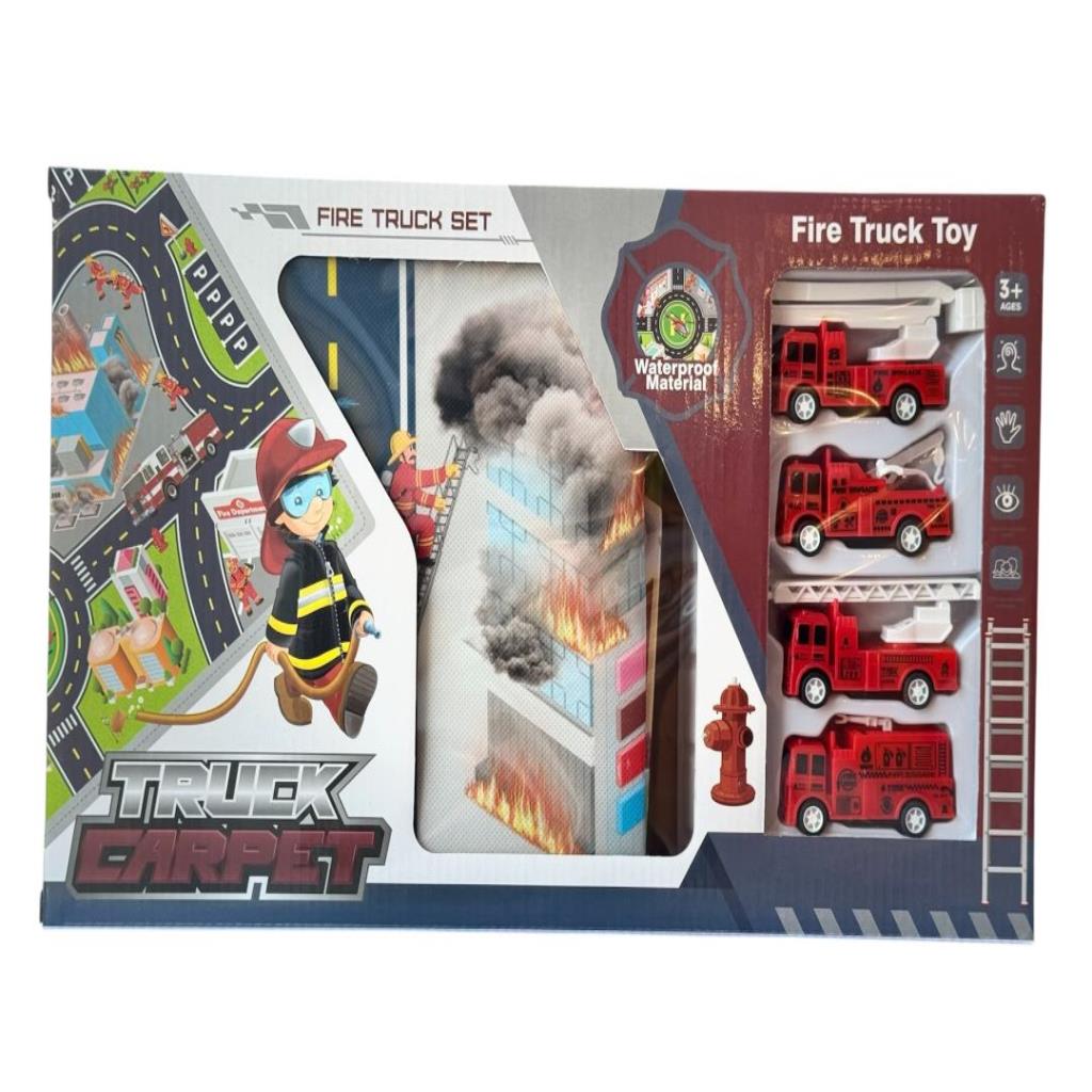 Fire Truck City Road Carpet Playset with 4 Fire Rescue Vehicles