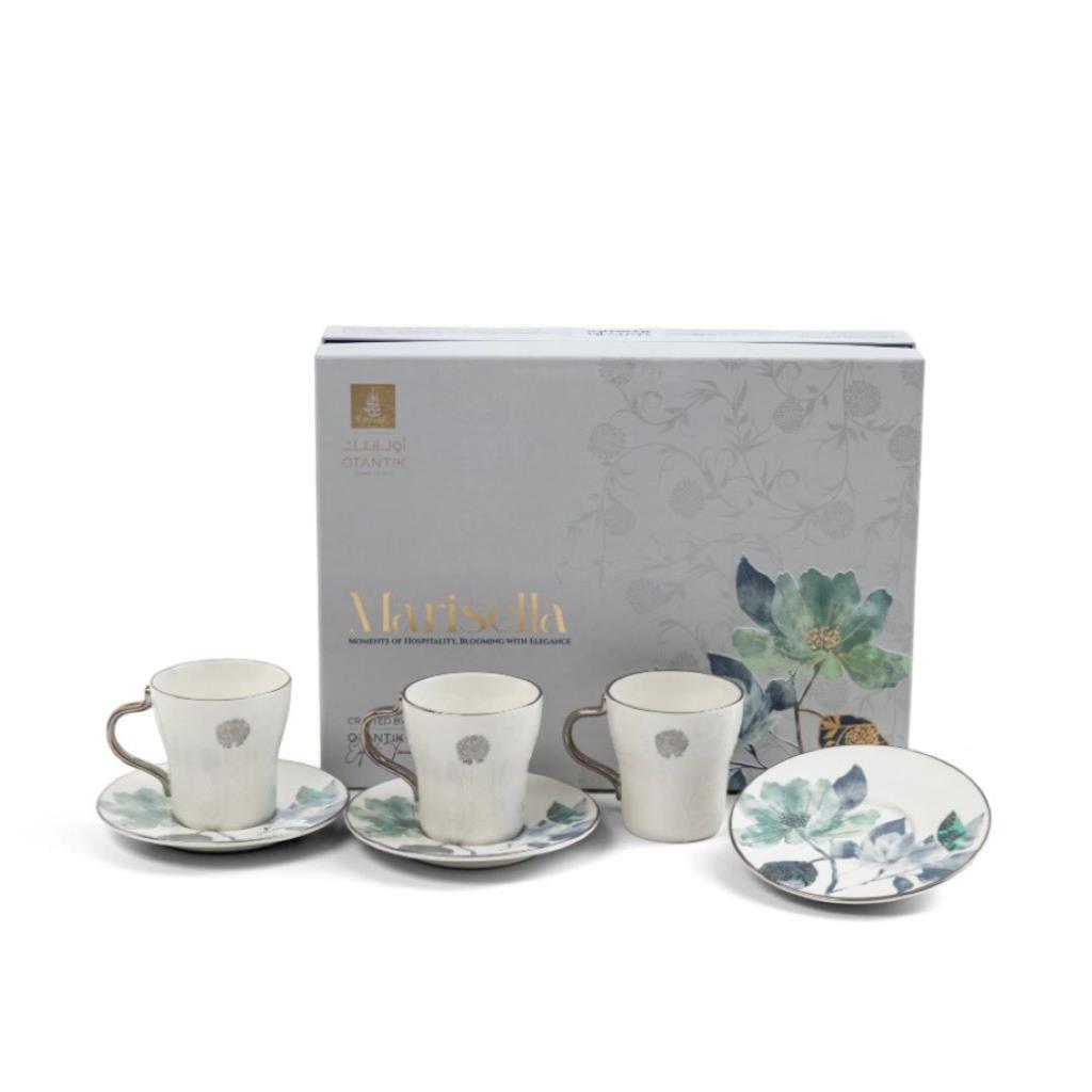 Porcelain Turkish Coffee Set 12 Pcs From Marisella- Blue + Silver