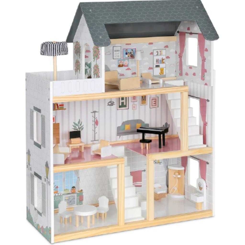 Wooden Dollhouse Villa with Furniture – Multi-Level Playhouse