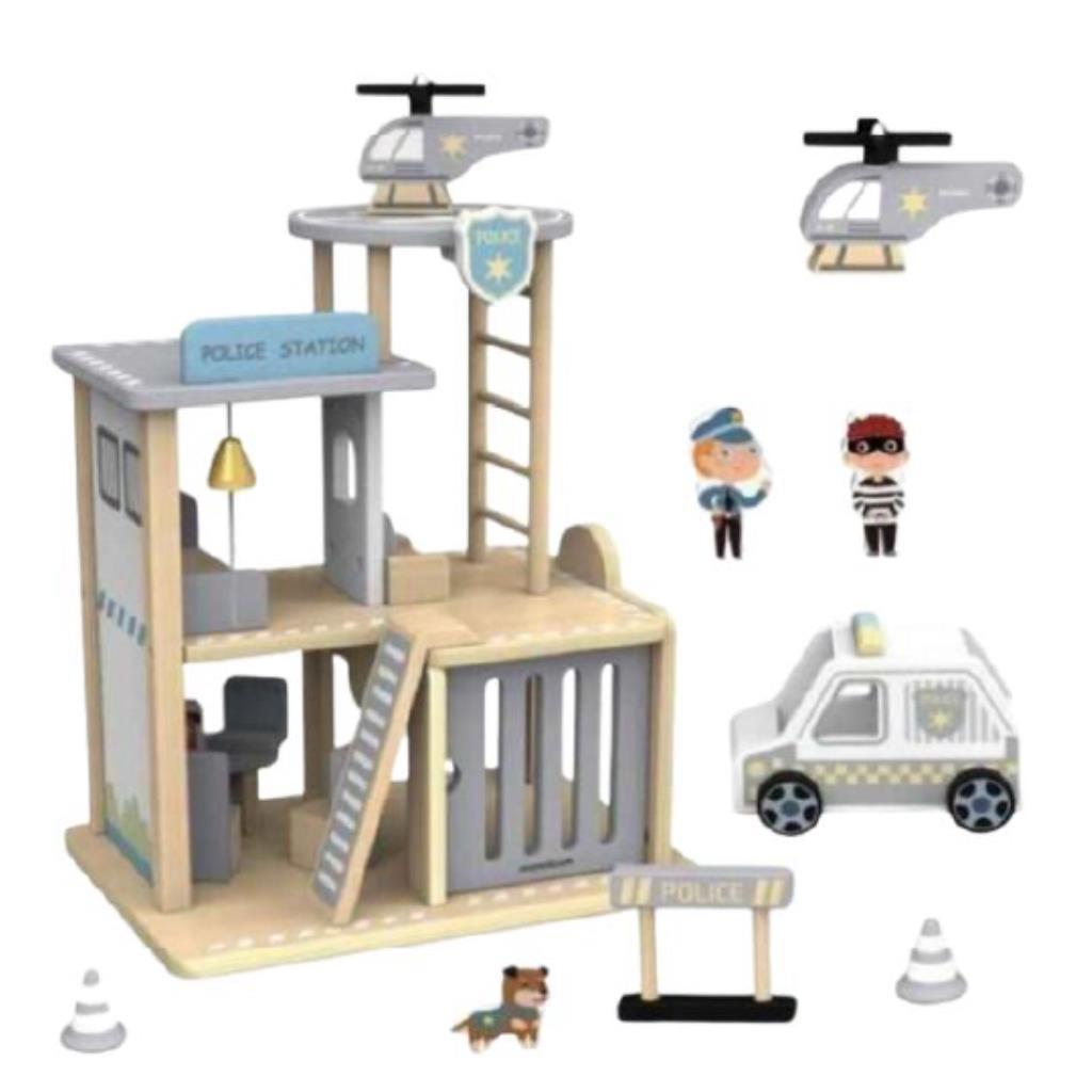 مجموعة مركز شرطة خشبية للأطفال مع إكسسوارات