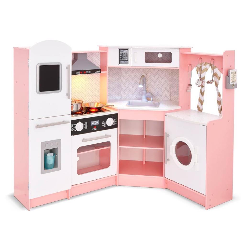 Kids Wooden Play Kitchen Set with Lights & Realistic Appliances