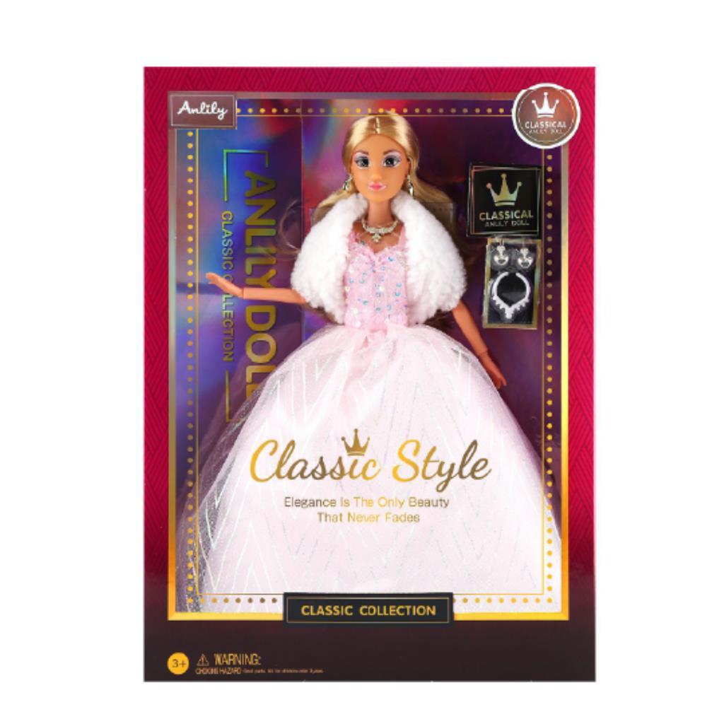 Anlily Classic Style Princess Doll – Pink & White Gown with Fur Shawl and Jewelry Accessories
