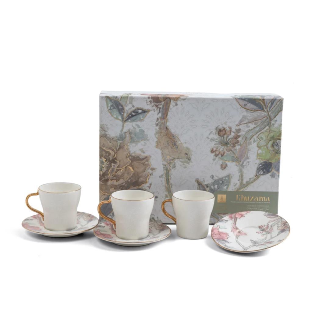 طقم فناجين قهوة فاخر مزخرف بزهور مع مقبض ذهبي