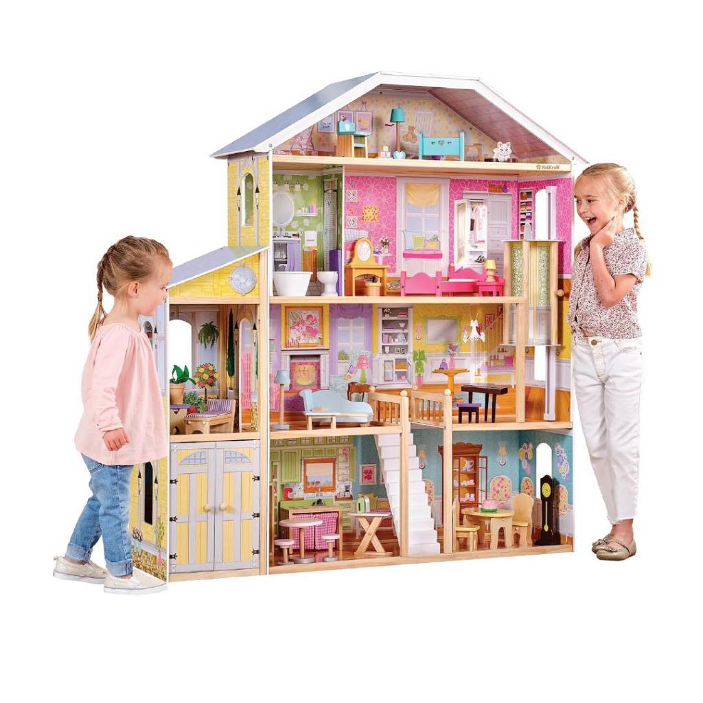 Large Wooden Dollhouse with Furniture – Multi-Level Playhouse