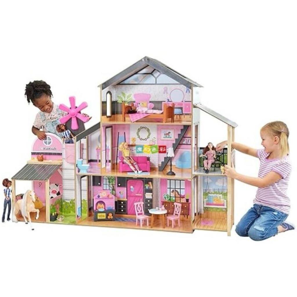 بيت دمى خشبي فاخر مع أثاث وشخصيات