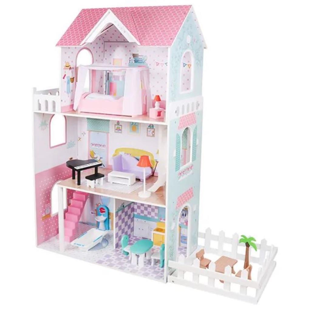 بيت دمى خشبي كبير مع أثاث وإضاءة LED – متعدد الطوابق