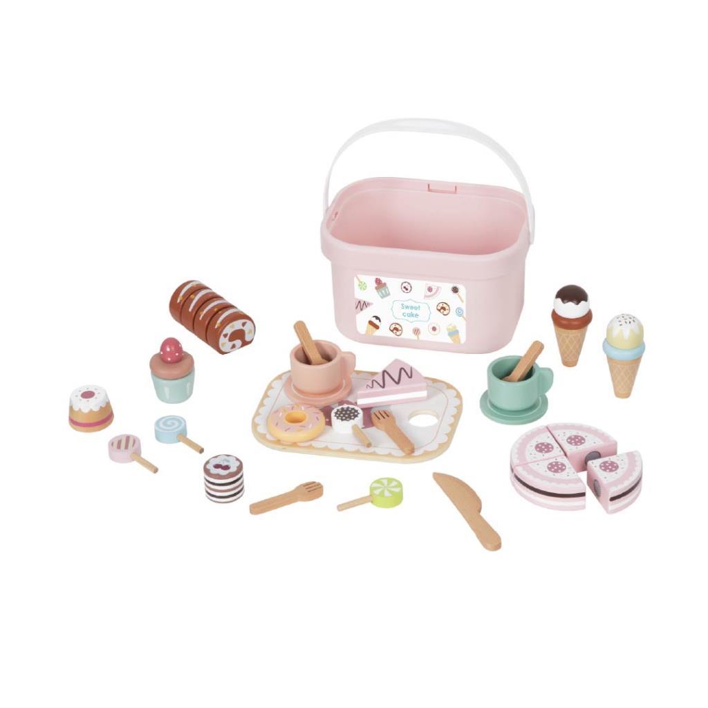 طقم لعب حلويات وشاي خشبي مع سلة تخزين