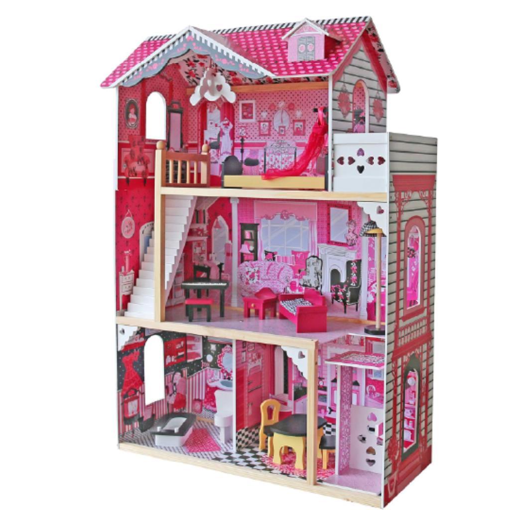 Luxury Wooden Dollhouse Mansion with Furniture – 3-Level Playhouse