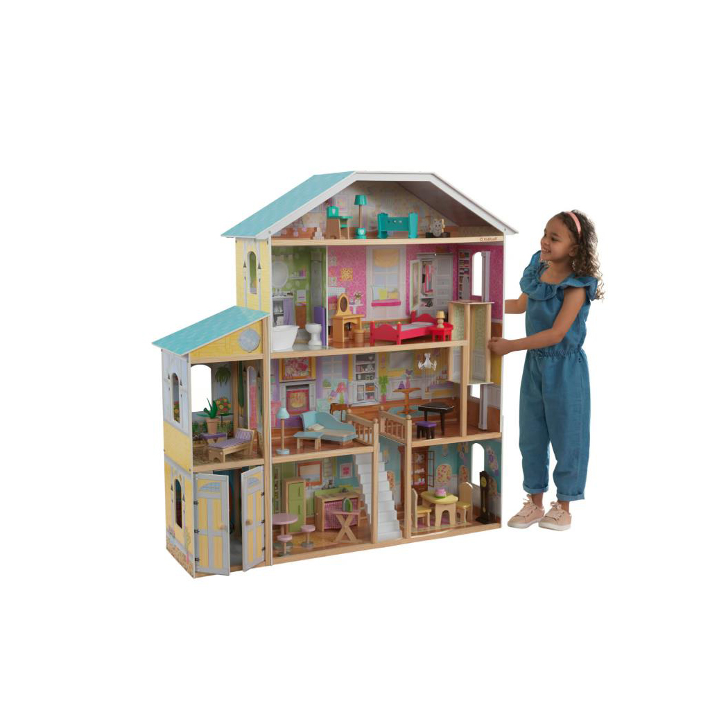 Large Wooden Dollhouse with Furniture – Multi-Level Playhouse